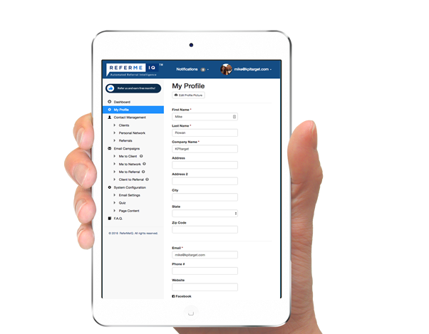 Image of a setting up a ReferMeIQ profile on a tablet.
