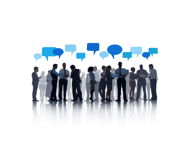 Image of a group of people with blue speech bubbles above them.