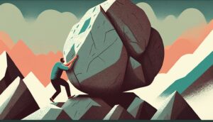 Illustration of a person pushing a large boulder up a hill, symbolizing perseverance.