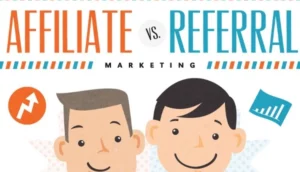 Illustration comparing affiliate and referral marketing with two cartoon faces.
