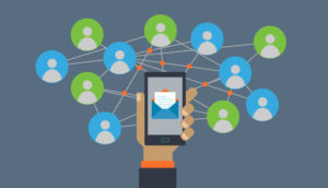 Illustration of a smartphone connected to a network of contacts, symbolizing communication.