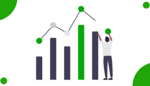 Illustration of a person standing next to a bar chart with rising bars and green dots, showing data growth.