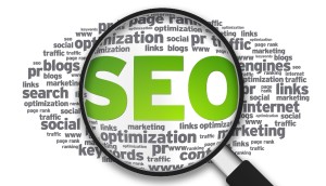 A magnifying glass focusing on the word "SEO" surrounded by related terms.