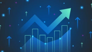 Rising graph with arrows on a dark blue background, symbolizing growth.