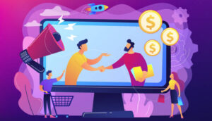 Illustration of online marketing with a handshake and dollar symbols on a screen.