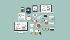 Illustration of various business tools and data visualization elements on a green background.