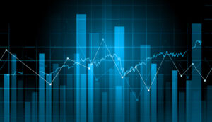 Blue financial chart with bars and line graph, representing market analysis.