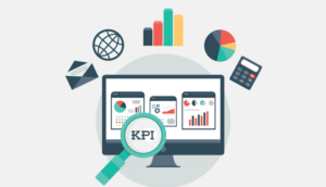 Illustration of a KPI dashboard with various graphs, charts, and a magnifying glass highlighting the "KPI" label.
