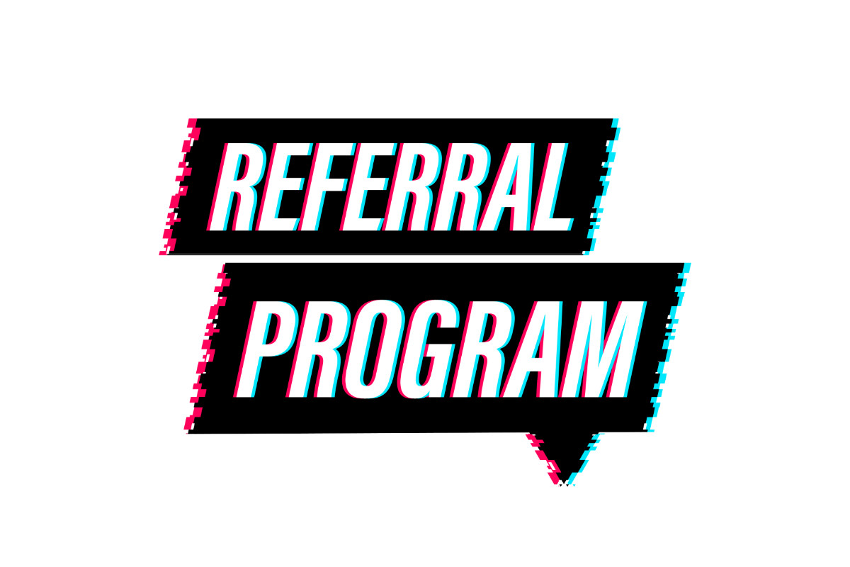 "Referral Program" text in a bold, glitch-style design on a white background.