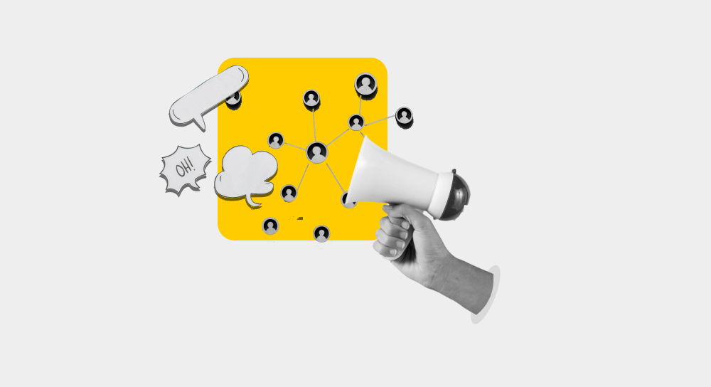 Megaphone with icons connected by lines on a yellow background, symbolizing communication.