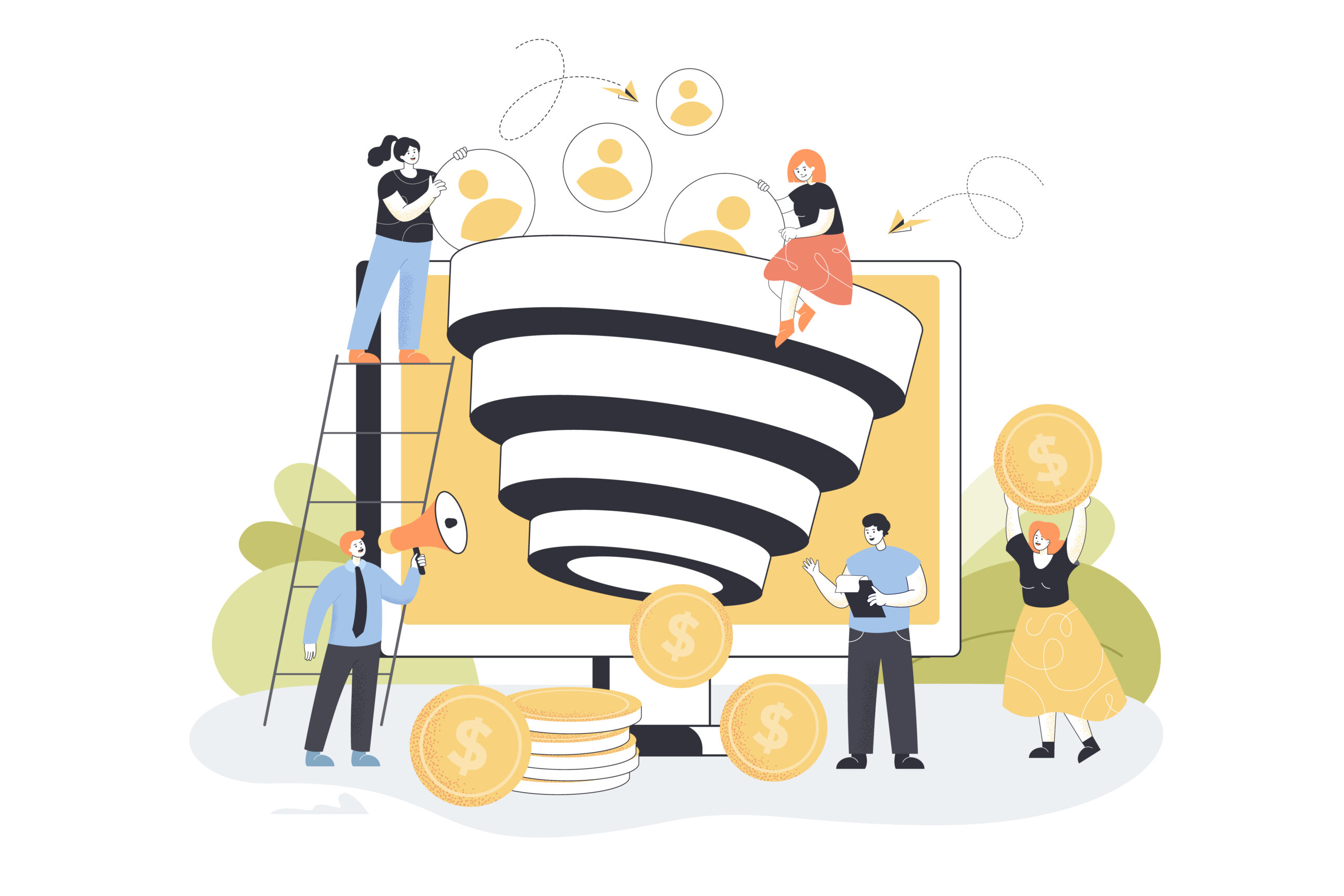 An illustration representing a referral program ROI. Four individuals interact with a funnel, symbolizing the customer journey from referral to conversion.